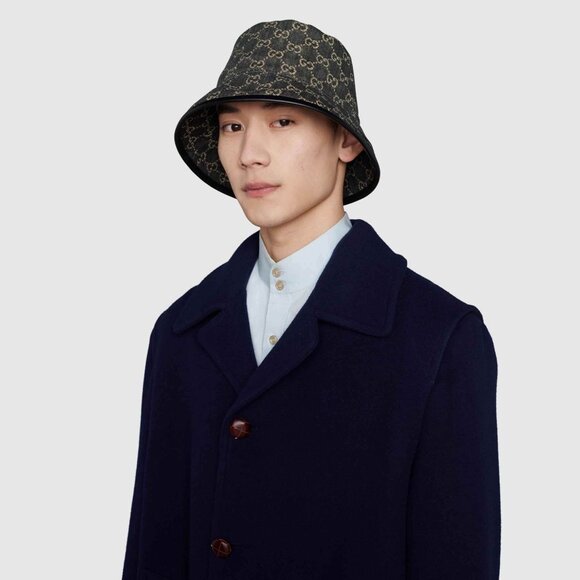 GUCCI HAT GG LOGO MONOGRAM JACQUARD BLACK w LEATHER TRIM BUCKET UNISEX - Picture 2 of 16